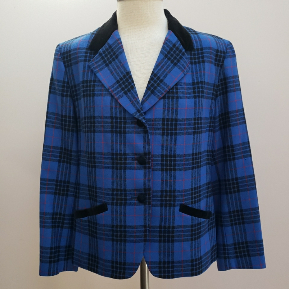 Vintage Pendleton Blue, Red, and Black Plaid Wool Blazer, Size 14 Petite